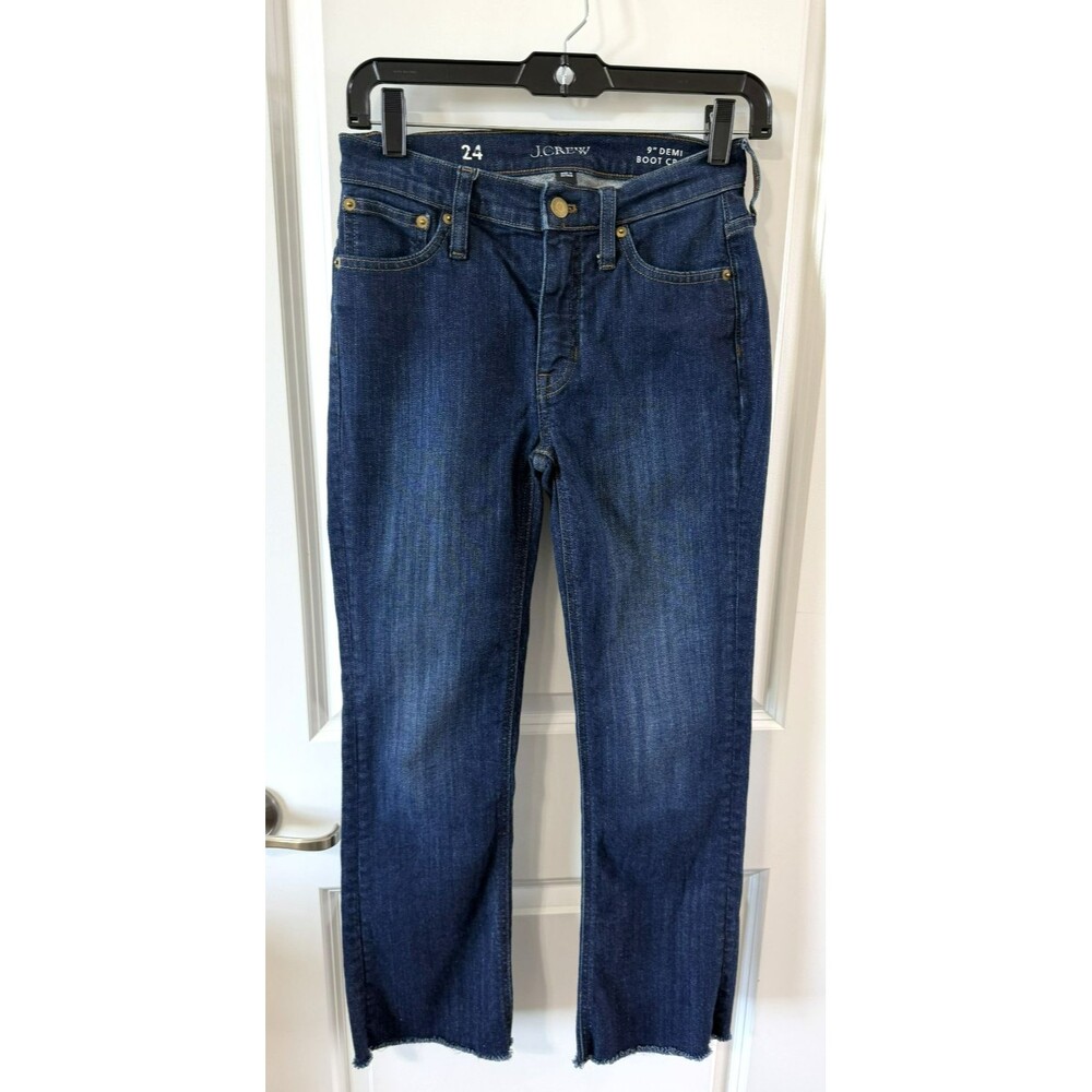 NWOT J. Crew 9" Demi-Boot Crop Jeans Womens 24 Blue Dark Wash Raw Hem Bootcut